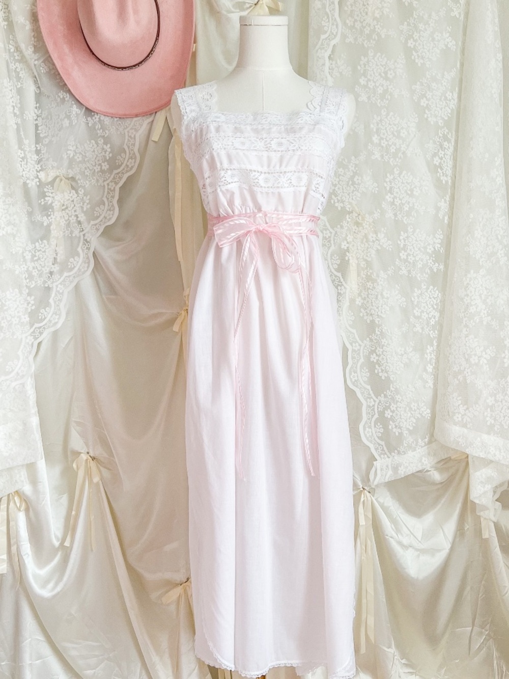 Vintage Pink & White Lace Ribbon Waist Nightgown Cottagecore Fairy Heirloom Slip
